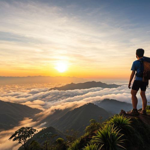 A solo hiker's silhouette stands on a misty mountain peak in Chiang Mai, Thailand, overlooking a vast sea of clouds bathed in the golden light of a spectacular sunrise. The scene emphasizes serenity, majestic natural beauty, and the breathtaking reward of a challenging ascent.