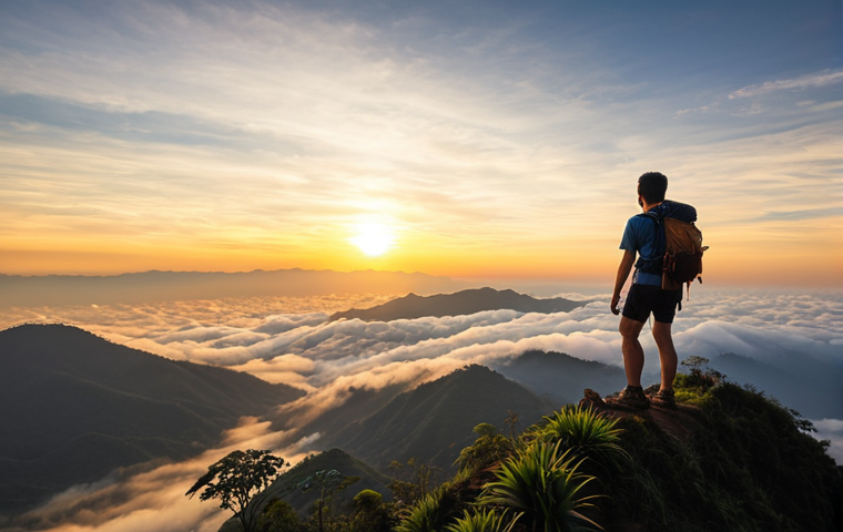 A solo hiker's silhouette stands on a misty mountain peak in Chiang Mai, Thailand, overlooking a vast sea of clouds bathed in the golden light of a spectacular sunrise. The scene emphasizes serenity, majestic natural beauty, and the breathtaking reward of a challenging ascent.