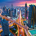**Prompt 1: Futuristic Thailand Tech Hub**
    A vibrant, high-tech cityscape in Thailand, showcasing the "Thailand