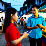 **Prompt:** A bustling and vibrant Thai street market scene at dusk, where vendors and customers are engaged in seamless digital transactions. A professional woman, in a modest yet stylish dress, is holding a smartphone and scanning a QR code to pay for street food. Nearby, a man in professional business casual attire is paying for goods using a digital wallet on his phone. The market is alive with colorful stalls, fresh produce, and the glow of ambient lights, showcasing the modern integration of technology into traditional commerce. This dynamic scene emphasizes convenience and connectivity. perfect anatomy, correct proportions, natural pose, well-formed hands, proper finger count, natural body proportions, safe for work, appropriate content, fully clothed, professional dress, modest clothing, family-friendly, high-quality photography, cinematic lighting, ultra detailed.