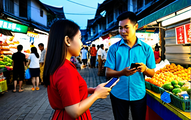 **Prompt:** A bustling and vibrant Thai street market scene at dusk, where vendors and customers are engaged in seamless digital transactions. A professional woman, in a modest yet stylish dress, is holding a smartphone and scanning a QR code to pay for street food. Nearby, a man in professional business casual attire is paying for goods using a digital wallet on his phone. The market is alive with colorful stalls, fresh produce, and the glow of ambient lights, showcasing the modern integration of technology into traditional commerce. This dynamic scene emphasizes convenience and connectivity. perfect anatomy, correct proportions, natural pose, well-formed hands, proper finger count, natural body proportions, safe for work, appropriate content, fully clothed, professional dress, modest clothing, family-friendly, high-quality photography, cinematic lighting, ultra detailed.