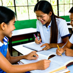A diverse group of professional young adult volunteers, including individuals of Malaysian descent, fully clothed in modest and appropriate casual attire, are gently interacting with cheerful Thai children in a brightly lit rural community center classroom in Thailand. The volunteers are patiently teaching English, using simple books and drawing materials, fostering a warm and collaborative educational atmosphere. The children are engaged and smiling, eager to learn. The background features traditional Thai architectural elements, indicating an authentic and family-friendly setting.
    safe for work, appropriate content, fully clothed, professional, family-friendly, perfect anatomy, correct proportions, natural pose, well-formed hands, proper finger count, natural body proportions, professional photography, high quality, realistic.