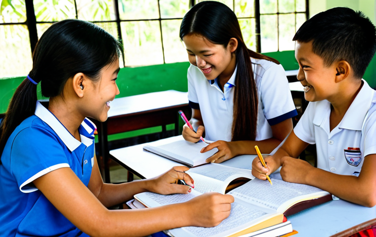 A diverse group of professional young adult volunteers, including individuals of Malaysian descent, fully clothed in modest and appropriate casual attire, are gently interacting with cheerful Thai children in a brightly lit rural community center classroom in Thailand. The volunteers are patiently teaching English, using simple books and drawing materials, fostering a warm and collaborative educational atmosphere. The children are engaged and smiling, eager to learn. The background features traditional Thai architectural elements, indicating an authentic and family-friendly setting.
    safe for work, appropriate content, fully clothed, professional, family-friendly, perfect anatomy, correct proportions, natural pose, well-formed hands, proper finger count, natural body proportions, professional photography, high quality, realistic.