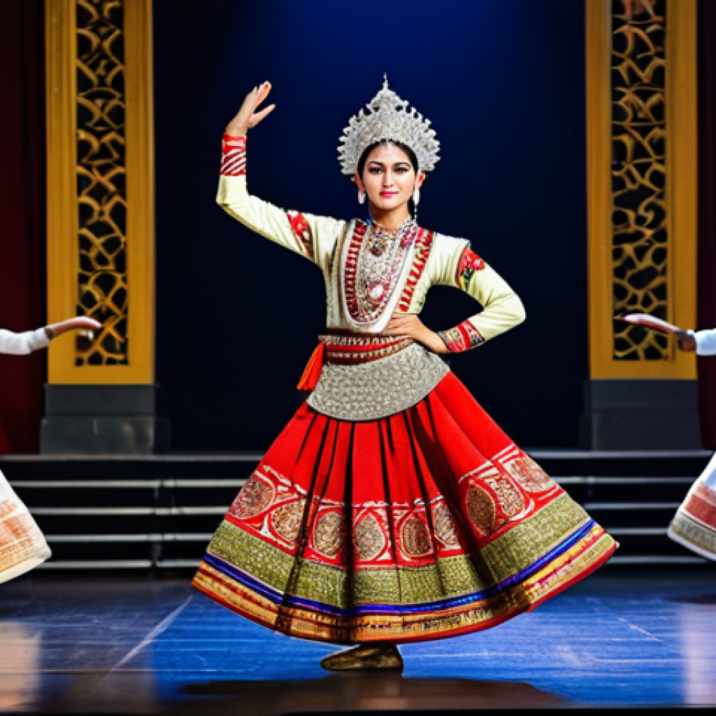 **

"A professional female dancer in traditional Khon attire, fully clothed in an ornate costume, performing on a brightly lit stage with intricate details, appropriate content, safe for work, perfect anatomy, correct proportions, natural pose, professional photography, high quality, cultural performance, modest clothing."

**