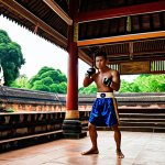 **Muay Thai Heritage:** A fully clothed Muay Thai fighter in traditional stance, training at a historic temple setting in Ayutthaya, Thailand. Appropriate attire, safe for work, perfect anatomy, natural proportions, professional photography, high quality, modest.