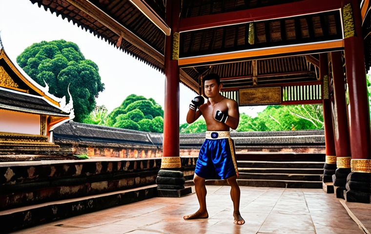 **Muay Thai Heritage:** A fully clothed Muay Thai fighter in traditional stance, training at a historic temple setting in Ayutthaya, Thailand. Appropriate attire, safe for work, perfect anatomy, natural proportions, professional photography, high quality, modest.